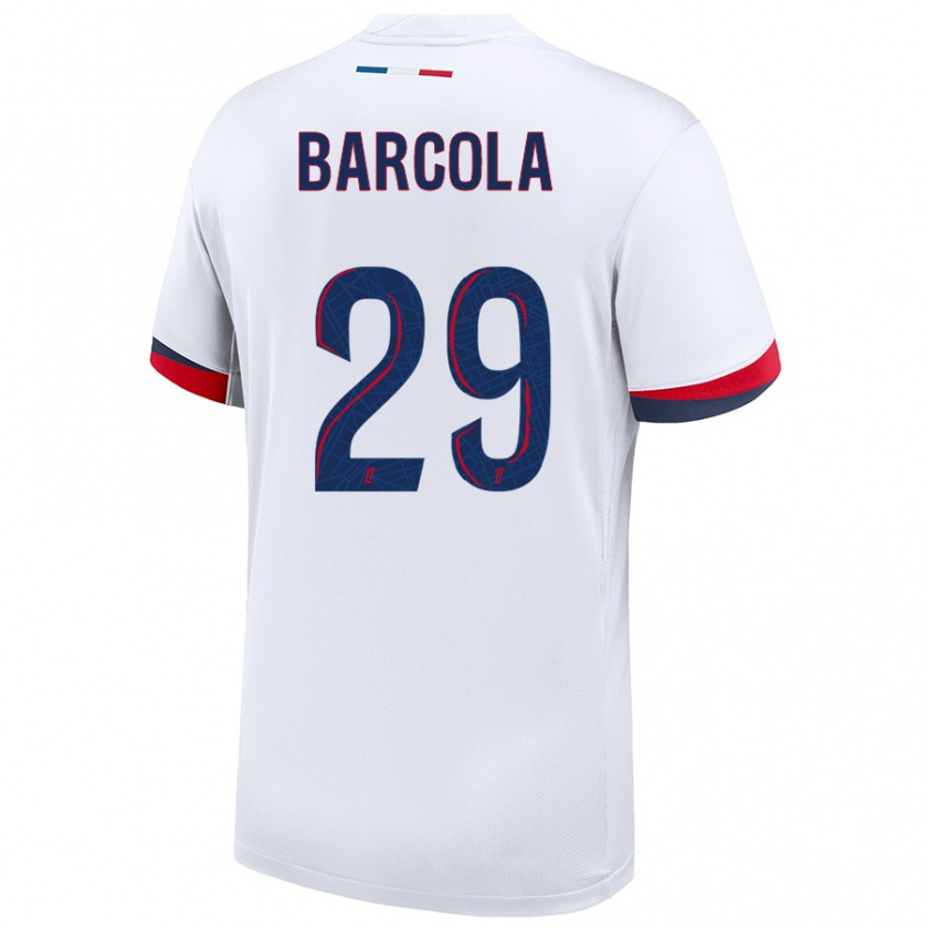 Kandiny Enfant Maillot Bradley Barcola #29 Blanc Bleu Rouge Tenues Extérieur 2024/25 T-Shirt