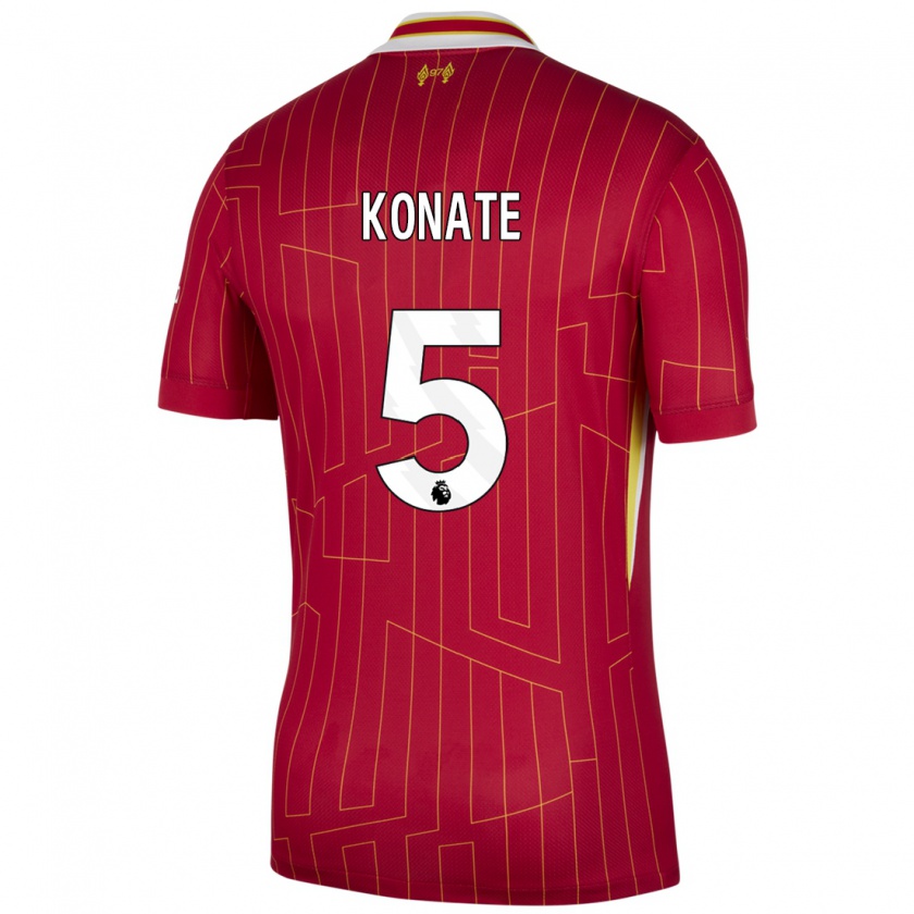 Kandiny Homme Maillot Ibrahima Konaté #5 Rouge Jaune Blanc Tenues Domicile 2024/25 T-Shirt