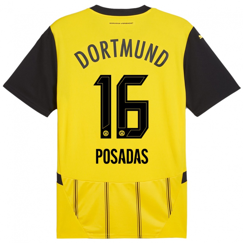 Kandiny Enfant Maillot Leonardo Posadas #16 Jaune Noir Tenues Domicile 2024/25 T-Shirt