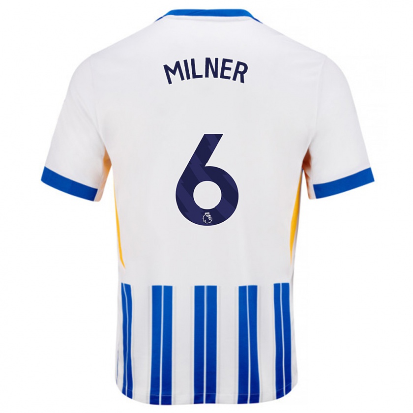 Kandiny Enfant Maillot James Milner #6 Blanc Bleu À Rayures Fines Tenues Domicile 2024/25 T-Shirt