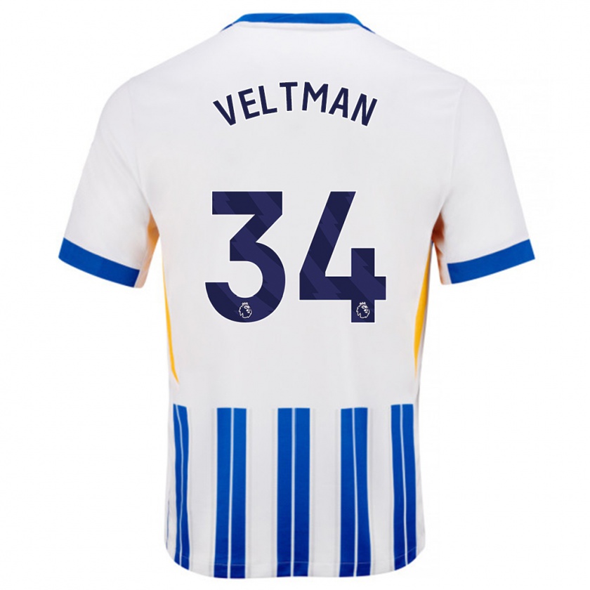 Kandiny Enfant Maillot Joël Veltman #34 Blanc Bleu À Rayures Fines Tenues Domicile 2024/25 T-Shirt