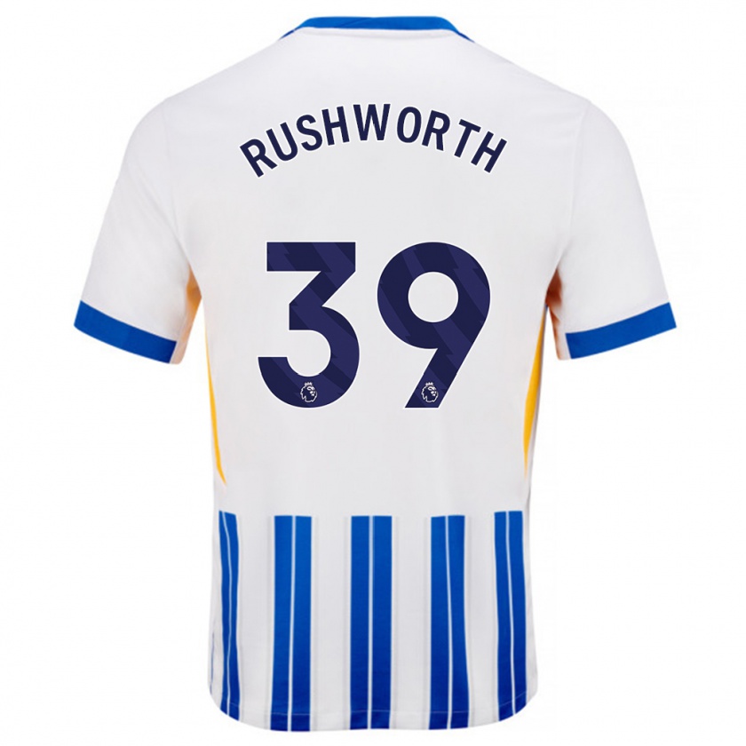 Kandiny Enfant Maillot Carl Rushworth #39 Blanc Bleu À Rayures Fines Tenues Domicile 2024/25 T-Shirt