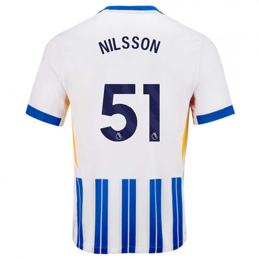 Kandiny Enfant Maillot Casper Nilsson #51 Blanc Bleu À Rayures Fines Tenues Domicile 2024/25 T-Shirt