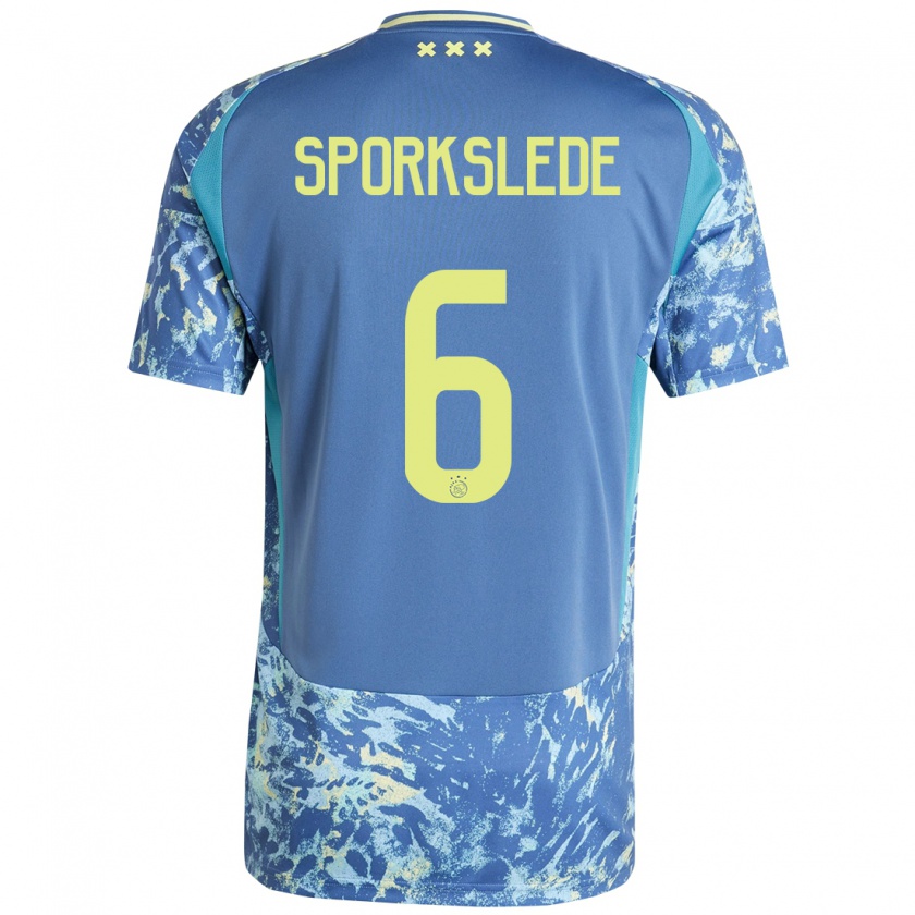 Kandiny Enfant Maillot Fabian Sporkslede #6 Gris Bleu Jaune Tenues Extérieur 2024/25 T-Shirt