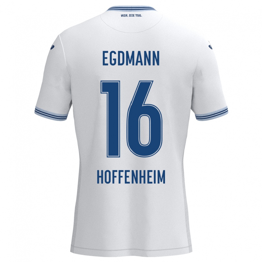 Kandiny Enfant Maillot Mika Egdmann #16 Blanc Bleu Tenues Extérieur 2024/25 T-Shirt