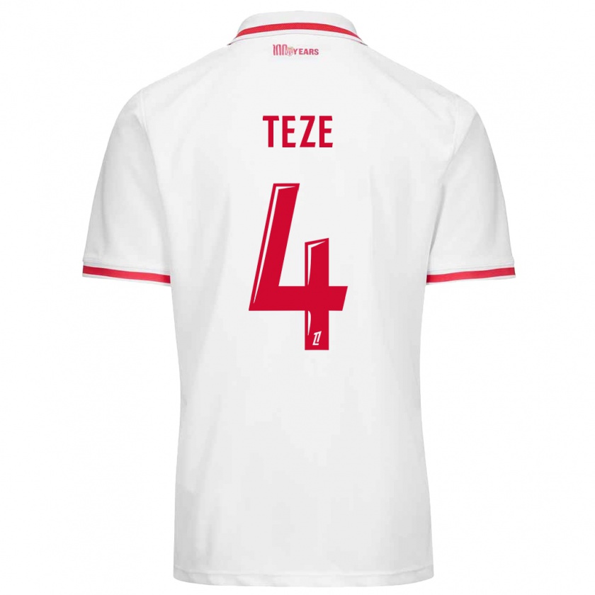 Kandiny Enfant Maillot Jordan Teze #4 Blanc Rouge Tenues Domicile 2024/25 T-Shirt