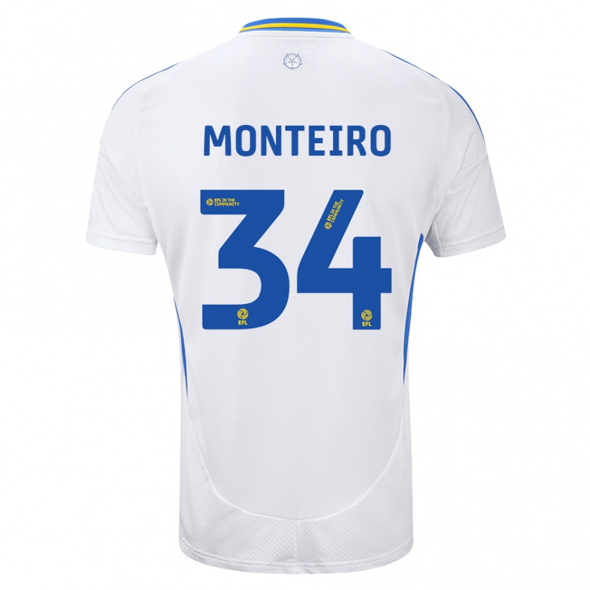 Kandiny Enfant Maillot Diogo Monteiro #34 Blanc Bleu Tenues Domicile 2024/25 T-Shirt