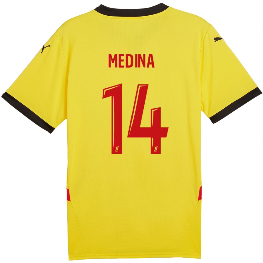 Kandiny Enfant Maillot Facundo Medina #14 Jaune Rouge Tenues Domicile 2024/25 T-Shirt