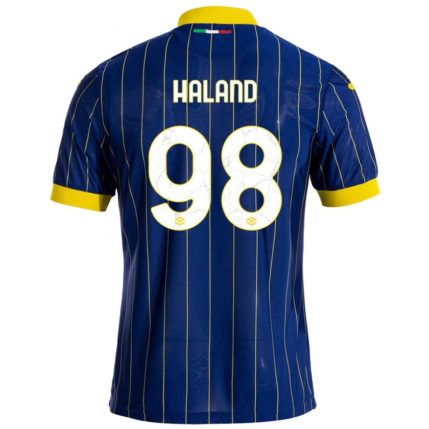 Kandiny Enfant Maillot Benedicte Iversen Håland #98 Bleu Jaune Tenues Domicile 2024/25 T-Shirt