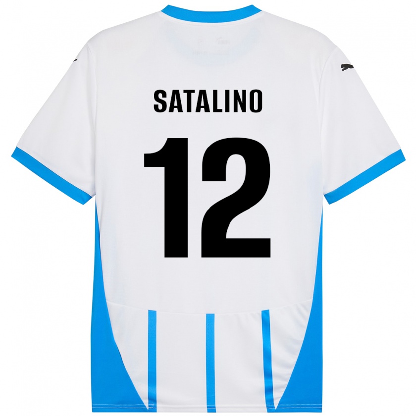 Kandiny Enfant Maillot Giacomo Satalino #12 Blanc Bleu Tenues Extérieur 2024/25 T-Shirt