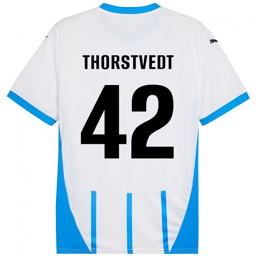 Kandiny Enfant Maillot Kristian Thorstvedt #42 Blanc Bleu Tenues Extérieur 2024/25 T-Shirt