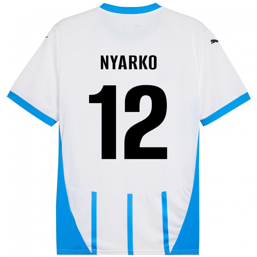 Kandiny Enfant Maillot Lorenzo Nyarko #12 Blanc Bleu Tenues Extérieur 2024/25 T-Shirt