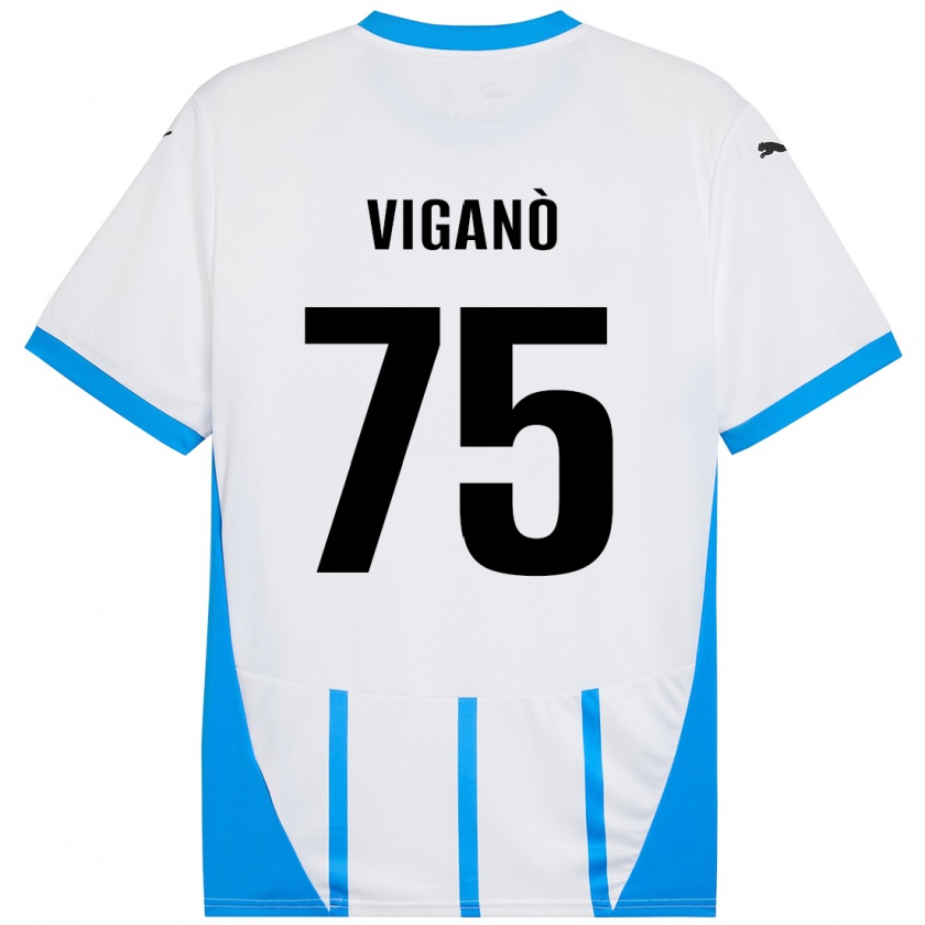 Kandiny Enfant Maillot Lorenzo Viganò #75 Blanc Bleu Tenues Extérieur 2024/25 T-Shirt