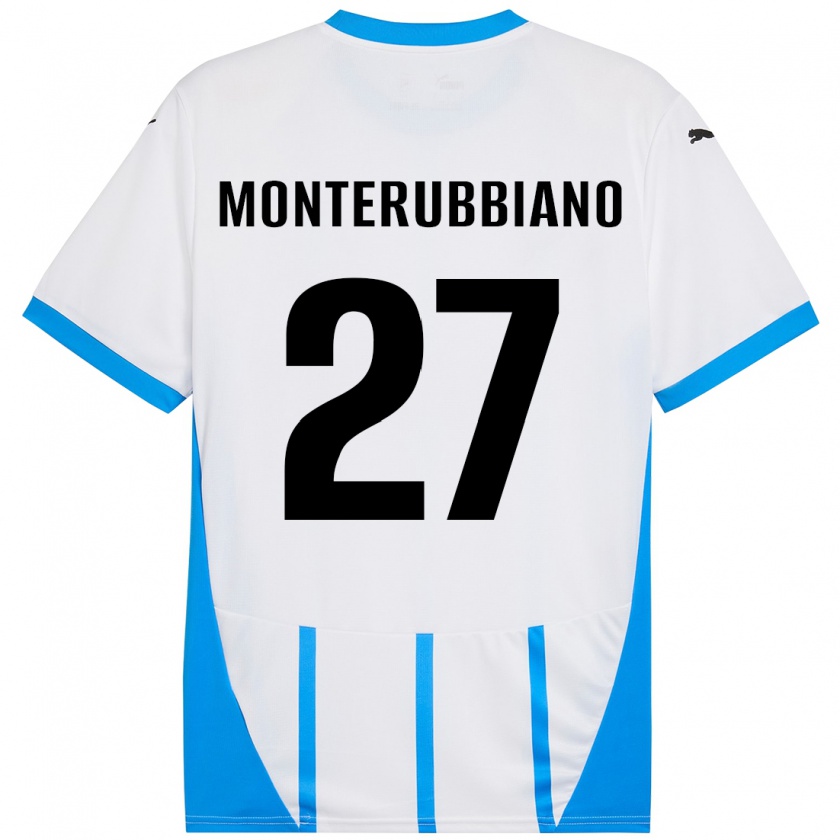 Kandiny Enfant Maillot Valeria Monterubbiano #27 Blanc Bleu Tenues Extérieur 2024/25 T-Shirt