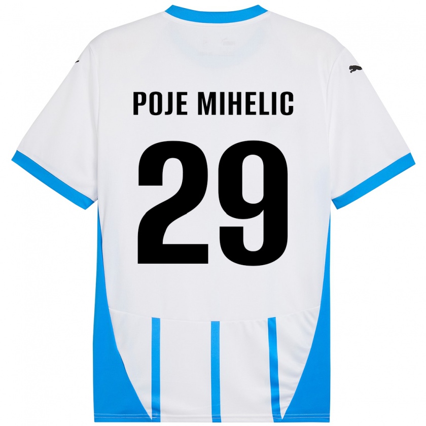 Kandiny Enfant Maillot Naja Poje Mihelič #29 Blanc Bleu Tenues Extérieur 2024/25 T-Shirt