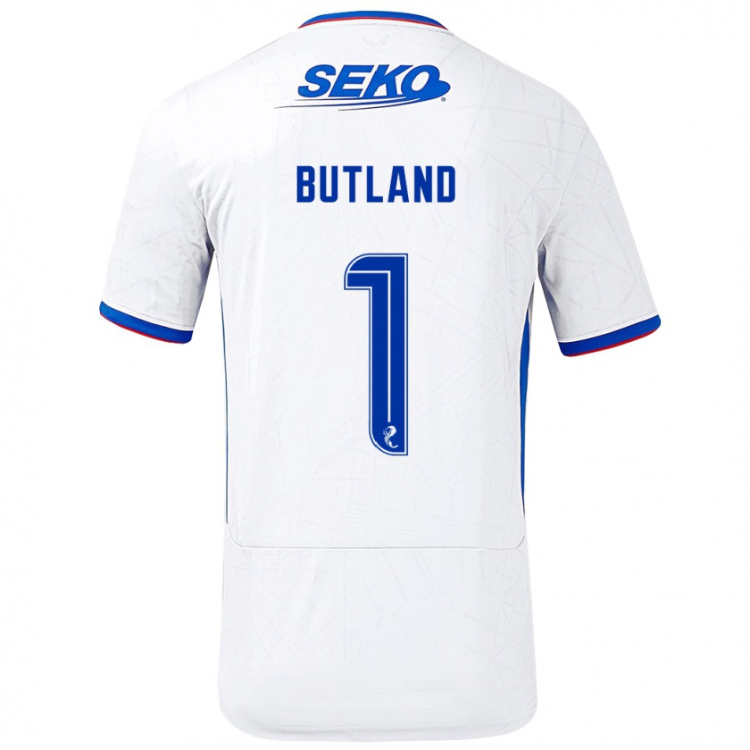 Kandiny Enfant Maillot Jack Butland #1 Blanc Bleu Tenues Extérieur 2024/25 T-Shirt