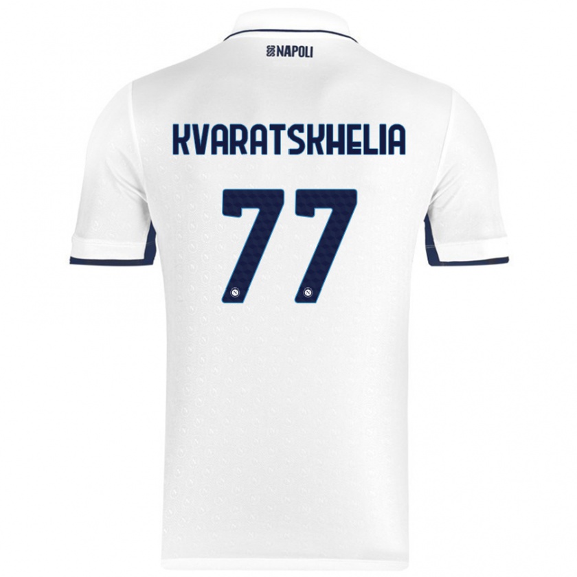 Kandiny Enfant Maillot Khvicha Kvaratskhelia #77 Blanc Bleu Royal Tenues Extérieur 2024/25 T-Shirt