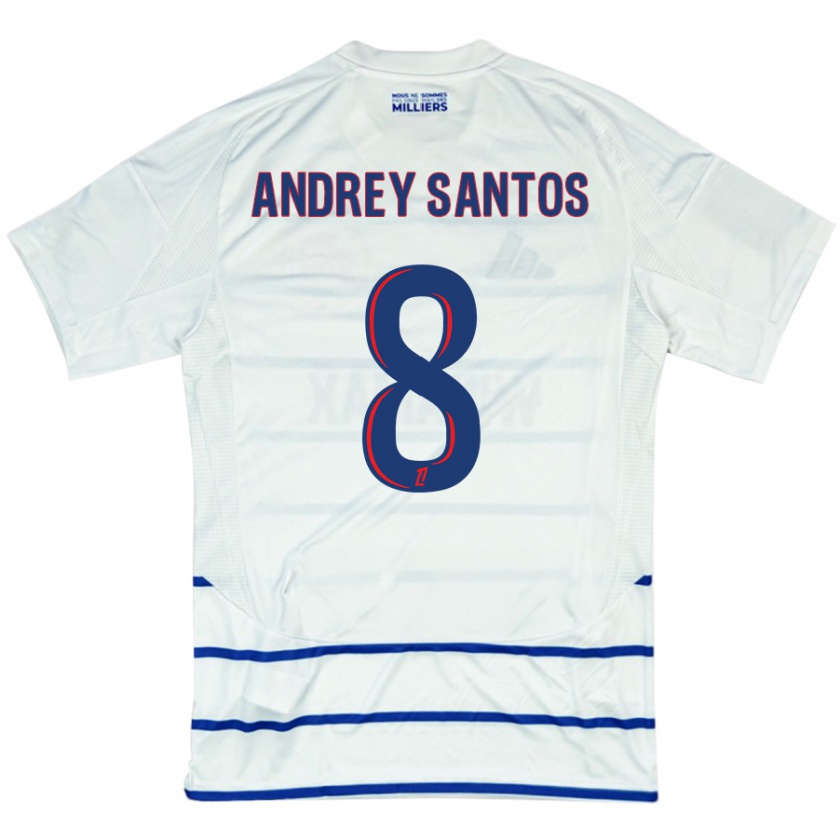 Kandiny Enfant Maillot Andrey Santos #8 Blanc Bleu Tenues Extérieur 2024/25 T-Shirt