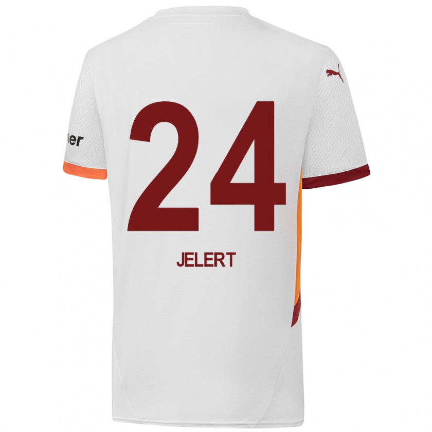 Kandiny Enfant Maillot Elias Jelert #24 Blanc Jaune Rouge Tenues Extérieur 2024/25 T-Shirt