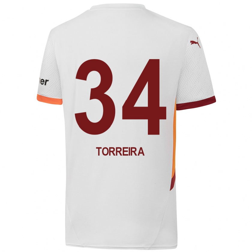 Kandiny Enfant Maillot Lucas Torreira #34 Blanc Jaune Rouge Tenues Extérieur 2024/25 T-Shirt