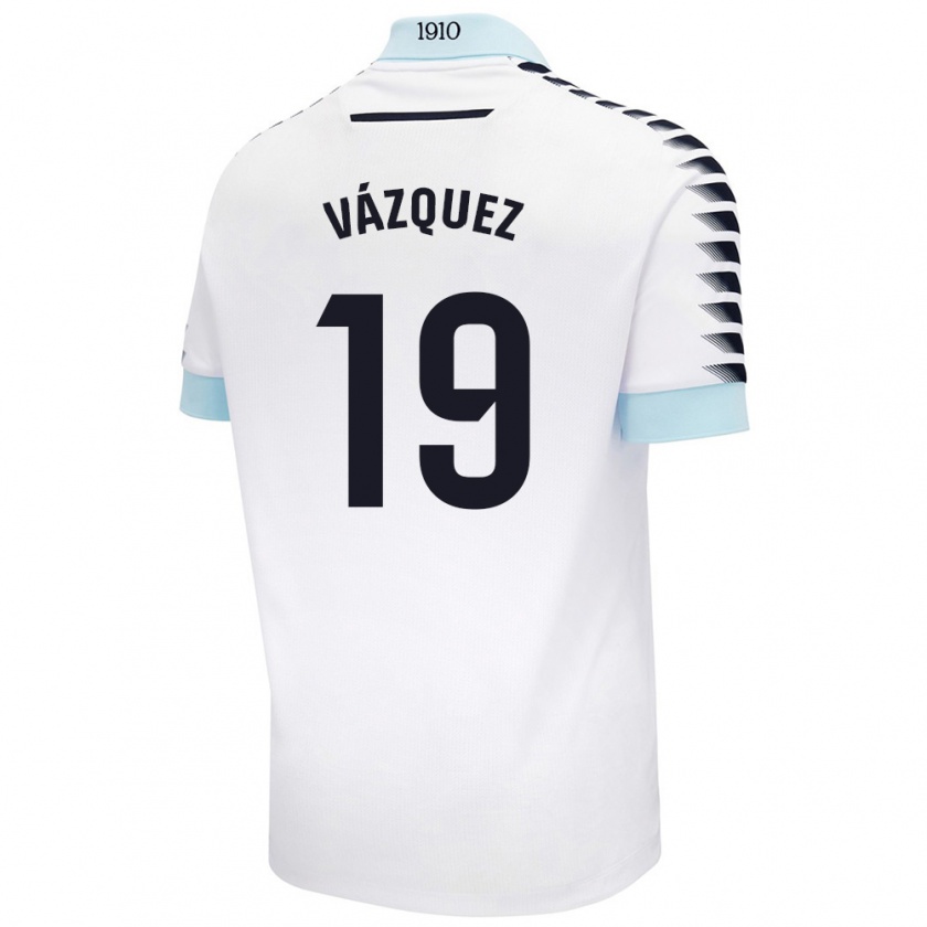 Kandiny Enfant Maillot Borja Vázquez #19 Blanc Bleu Tenues Extérieur 2024/25 T-Shirt