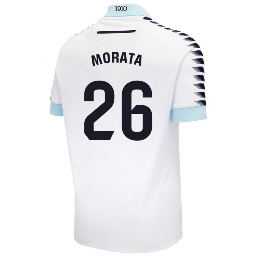 Kandiny Enfant Maillot Álex Morata #26 Blanc Bleu Tenues Extérieur 2024/25 T-Shirt