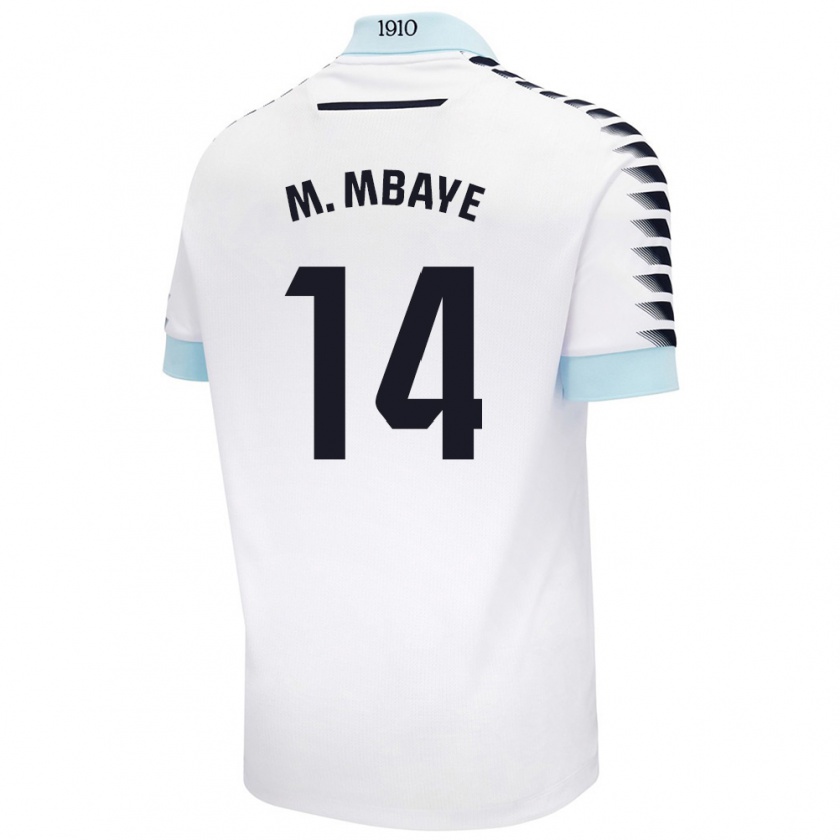 Kandiny Enfant Maillot Momo Mbaye #14 Blanc Bleu Tenues Extérieur 2024/25 T-Shirt