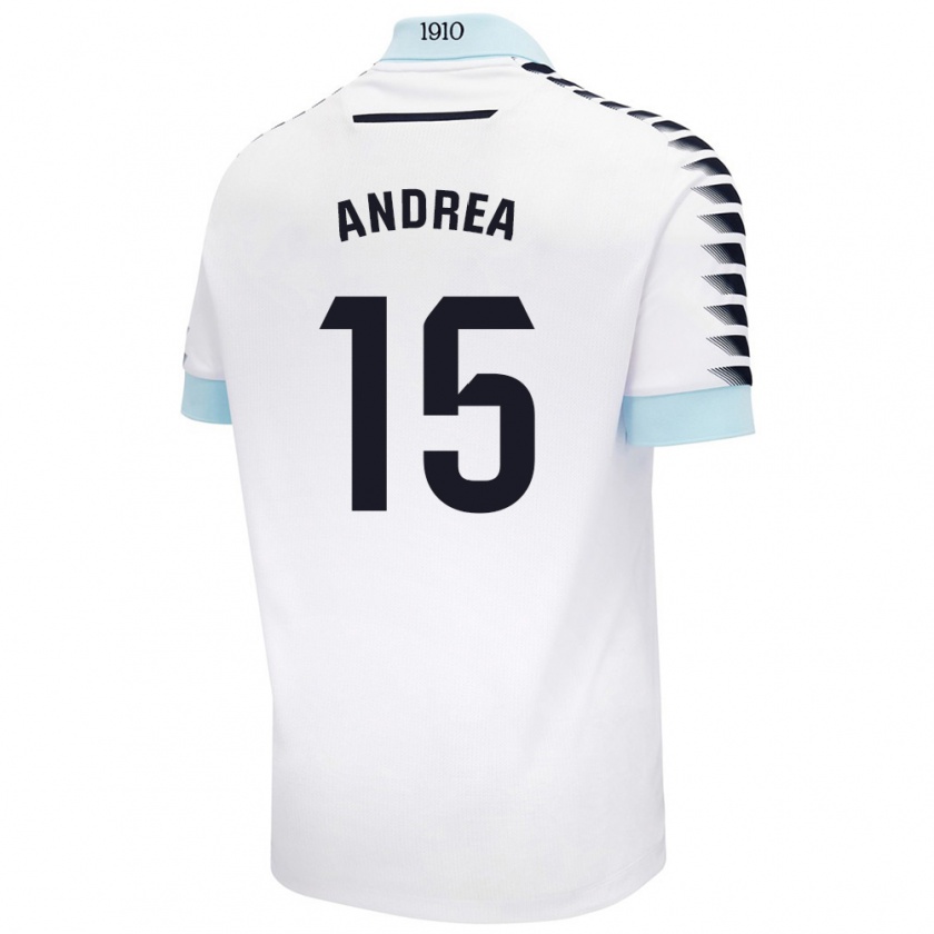 Kandiny Enfant Maillot Andrea Sánchez Moreno #15 Blanc Bleu Tenues Extérieur 2024/25 T-Shirt