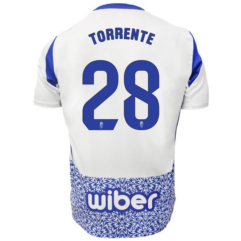 Kandiny Enfant Maillot Raúl Torrente #28 Blanc Bleu Tenues Extérieur 2024/25 T-Shirt