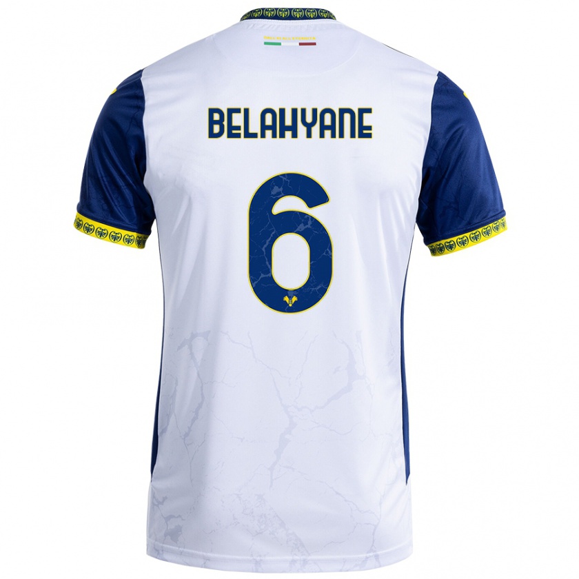 Kandiny Enfant Maillot Reda Belahyane #6 Blanc Bleu Tenues Extérieur 2024/25 T-Shirt