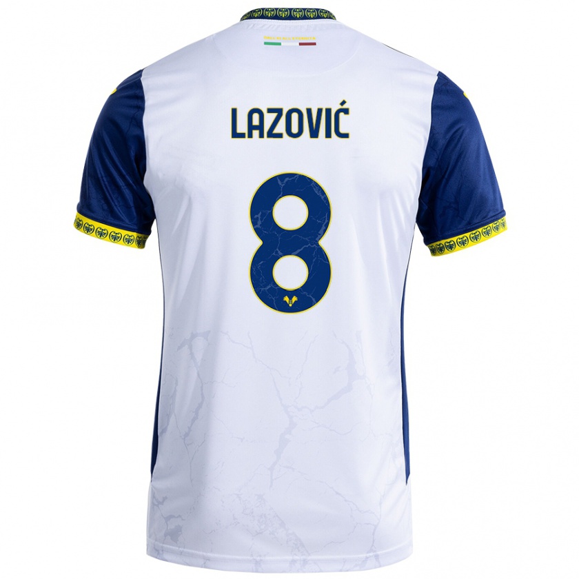 Kandiny Enfant Maillot Darko Lazović #8 Blanc Bleu Tenues Extérieur 2024/25 T-Shirt