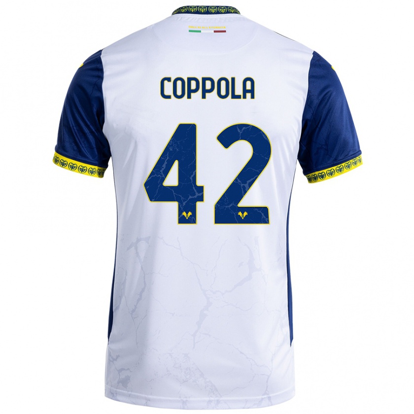 Kandiny Enfant Maillot Diego Coppola #42 Blanc Bleu Tenues Extérieur 2024/25 T-Shirt