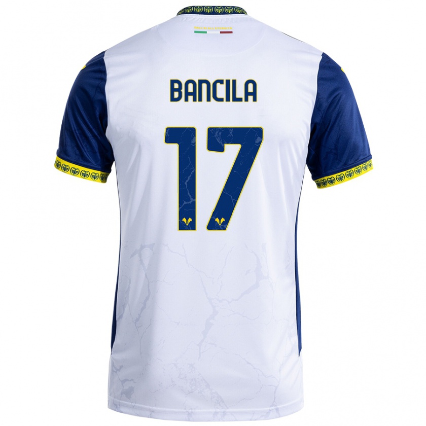 Kandiny Enfant Maillot Darius Băncilă #17 Blanc Bleu Tenues Extérieur 2024/25 T-Shirt