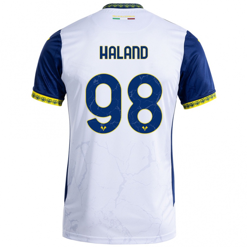 Kandiny Enfant Maillot Benedicte Iversen Håland #98 Blanc Bleu Tenues Extérieur 2024/25 T-Shirt