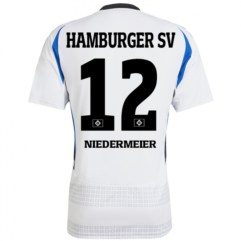 Kandiny Homme Maillot Philipp Niedermeier #12 Blanc Bleu Tenues Domicile 2024/25 T-Shirt