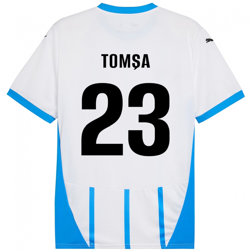 Kandiny Homme Maillot Troy Tomșa #23 Blanc Bleu Tenues Extérieur 2024/25 T-Shirt