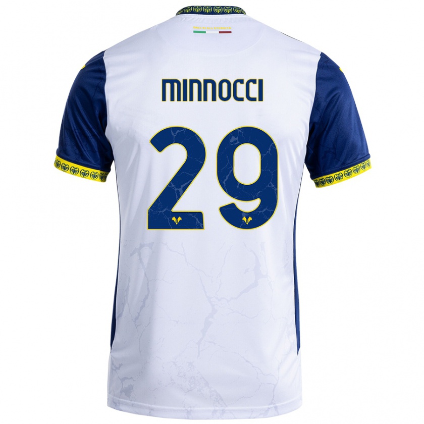 Kandiny Homme Maillot Valerio Minnocci #29 Blanc Bleu Tenues Extérieur 2024/25 T-Shirt