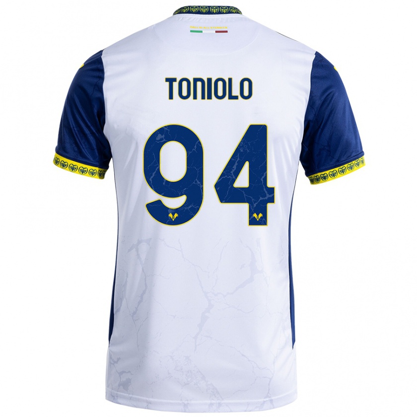 Kandiny Homme Maillot Giacomo Toniolo #94 Blanc Bleu Tenues Extérieur 2024/25 T-Shirt