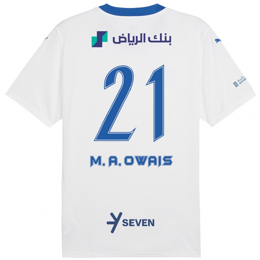 Kandiny Enfant Maillot Mohammed Al-Owais #21 Blanc Bleu Tenues Extérieur 2024/25 T-Shirt