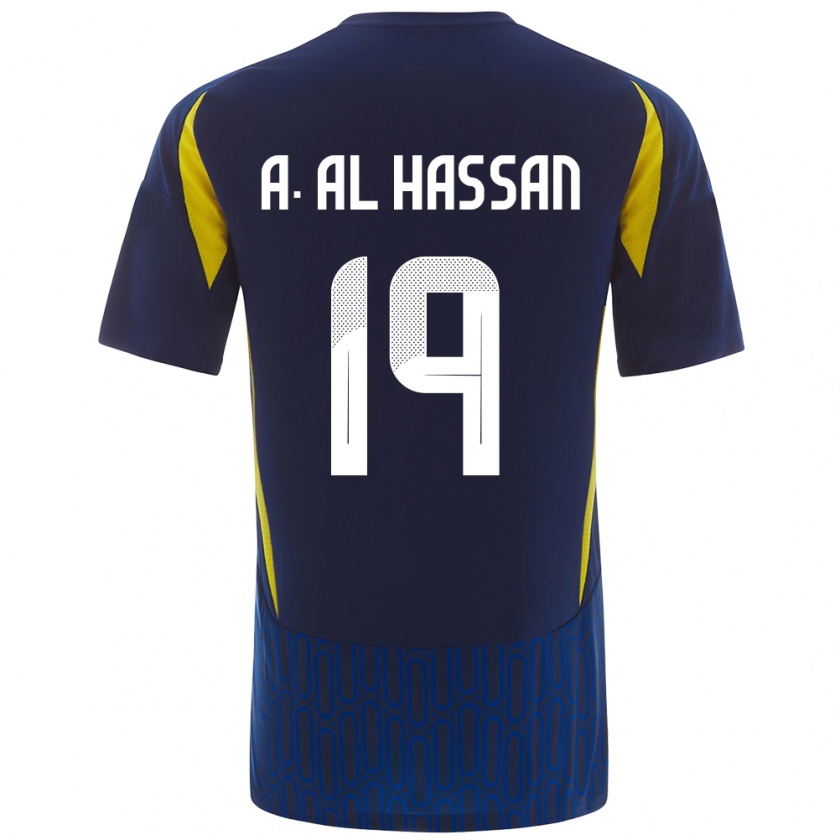 Kandiny Homme Maillot Ali Al-Hassan #19 Bleu Jaune Tenues Extérieur 2024/25 T-Shirt