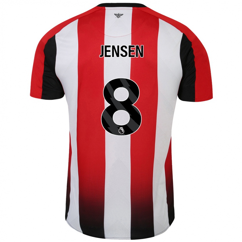 Kandiny Enfant Maillot Mathias Jensen #8 Rouge Blanc Tenues Domicile 2024/25 T-Shirt