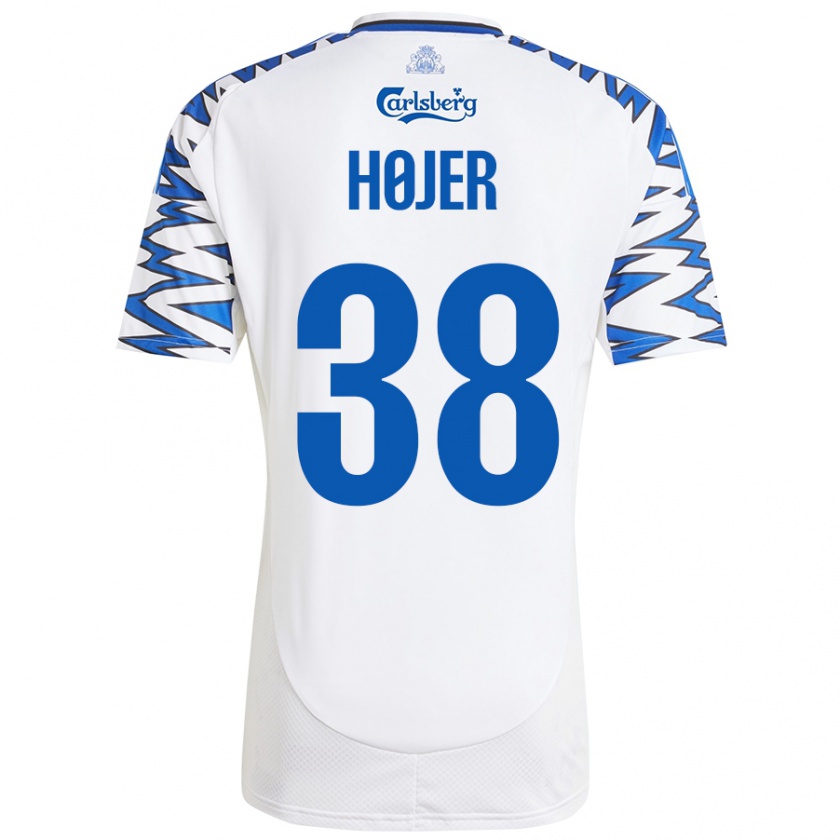 Kandiny Enfant Maillot Oliver Højer #38 Blanc Bleu Ciel Tenues Domicile 2024/25 T-Shirt