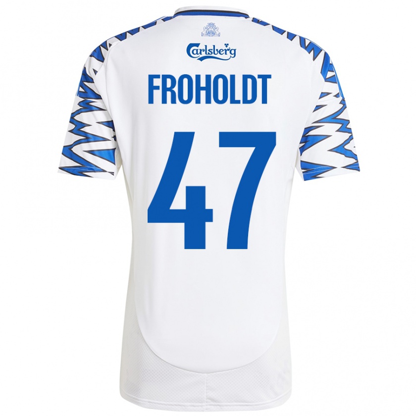 Kandiny Enfant Maillot Victor Froholdt #47 Blanc Bleu Ciel Tenues Domicile 2024/25 T-Shirt