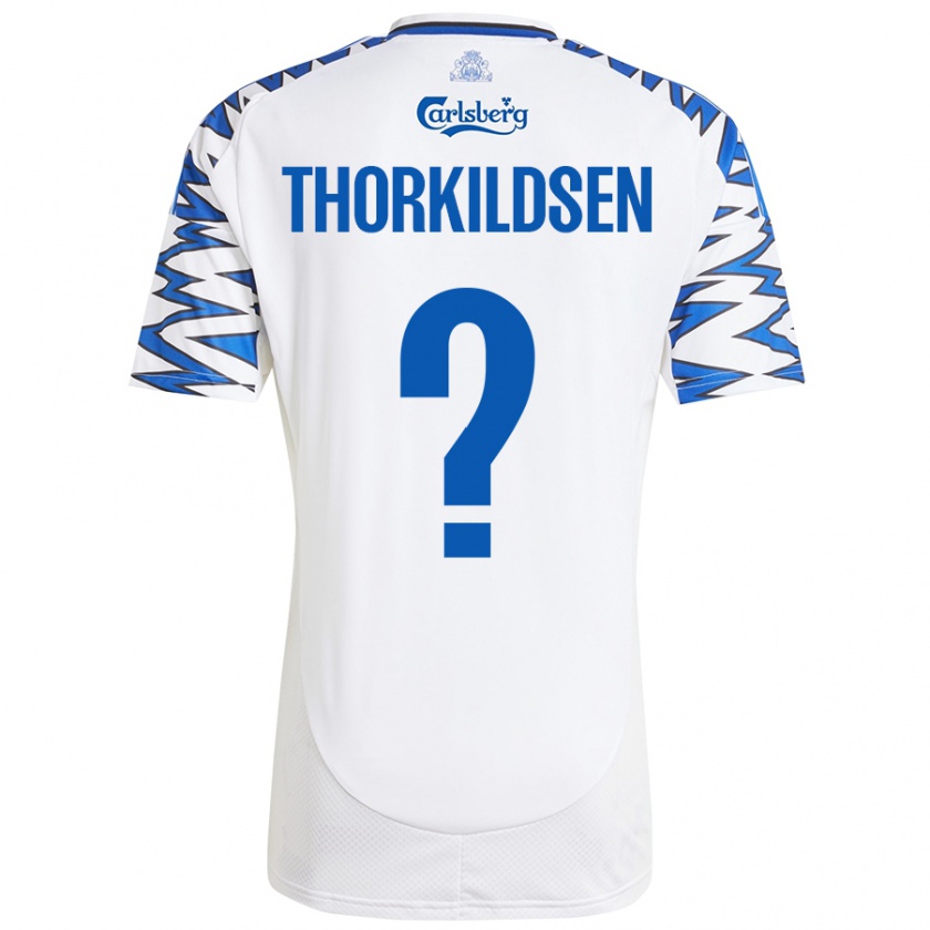 Kandiny Enfant Maillot Elias Thorkildsen #0 Blanc Bleu Ciel Tenues Domicile 2024/25 T-Shirt