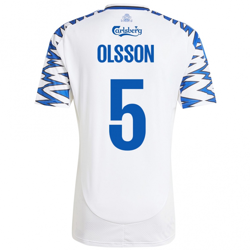 Kandiny Enfant Maillot Cornelius Olsson #5 Blanc Bleu Ciel Tenues Domicile 2024/25 T-Shirt