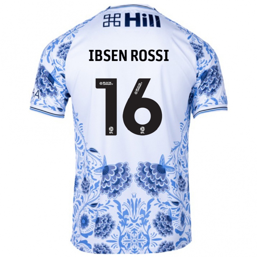 Kandiny Enfant Maillot Zeno Ibsen Rossi #16 Blanc Bleu Tenues Extérieur 2024/25 T-Shirt