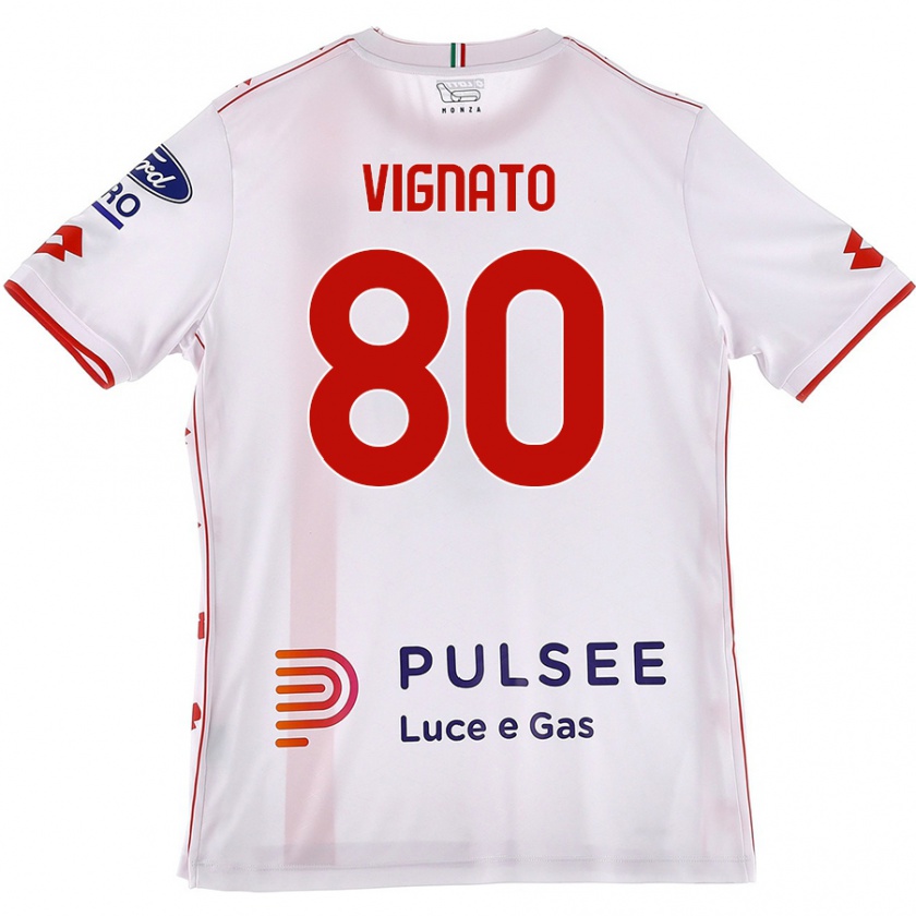 Kandiny Enfant Maillot Samuele Vignato #80 Blanc Rouge Tenues Extérieur 2024/25 T-Shirt