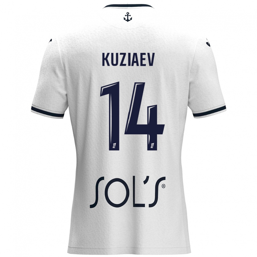 Kandiny Enfant Maillot Daler Kuzyaev #14 Blanc Bleu Foncé Tenues Extérieur 2024/25 T-Shirt