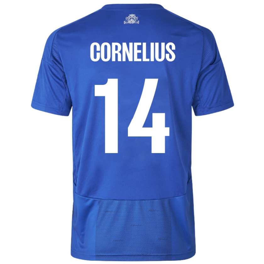 Kandiny Enfant Maillot Andreas Cornelius #14 Blanc Bleu Tenues Extérieur 2024/25 T-Shirt