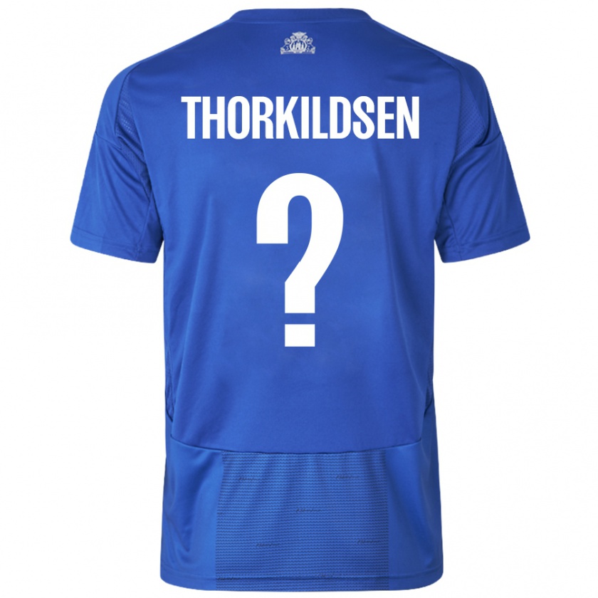 Kandiny Enfant Maillot Elias Thorkildsen #0 Blanc Bleu Tenues Extérieur 2024/25 T-Shirt